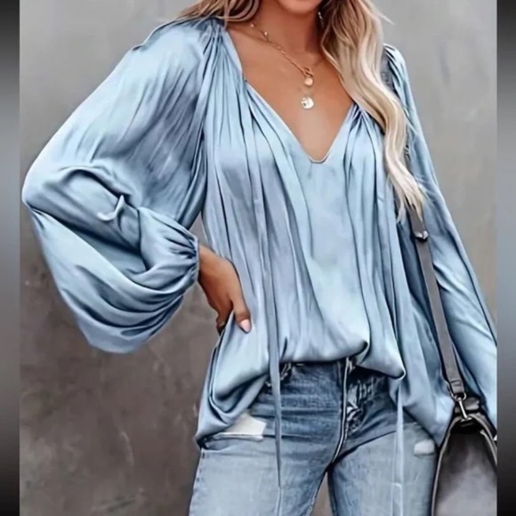 Luxe Satin Neck Tie Lantern Long sleeve Blouse - Picture 5 of 13